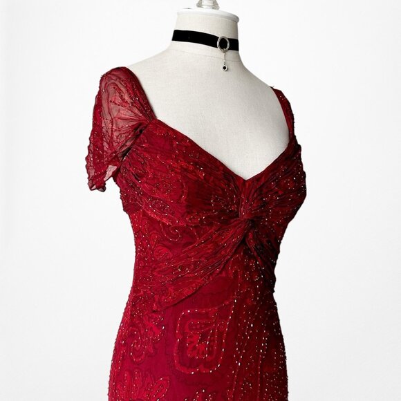 Vintage Red Beaded Fit Flared Silk Bodycon Maxi Prom Scarf Dress Size S/M - Picture 9 of 11
